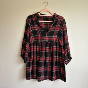 Zara Black and Red Plaid Baby Doll Top M